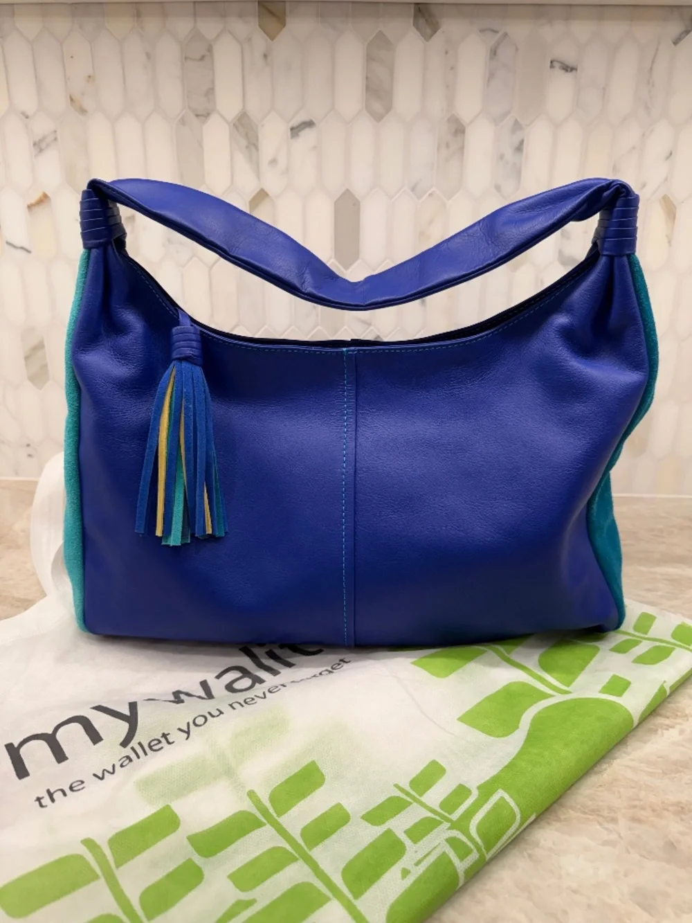 Mywalit Bag Royal Blue Leather with turquoise suede side panels, MINT